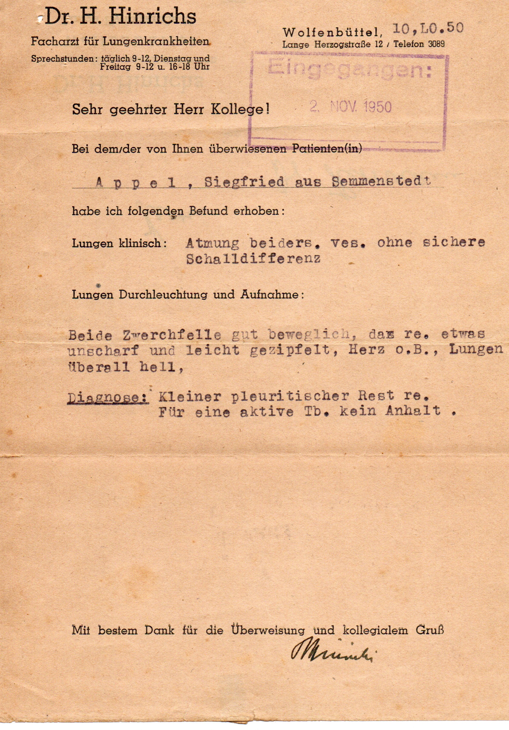 Atestado Dr H. Hinrichs verso