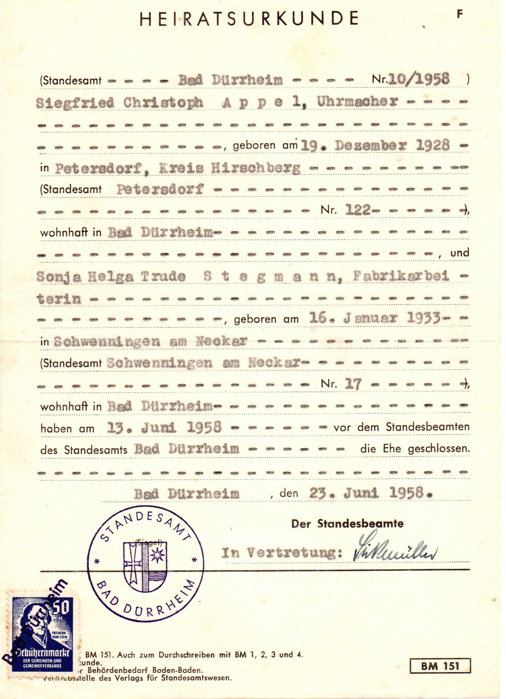 certidão de casamento (Heiratsurkunde): Siegfried e Helga